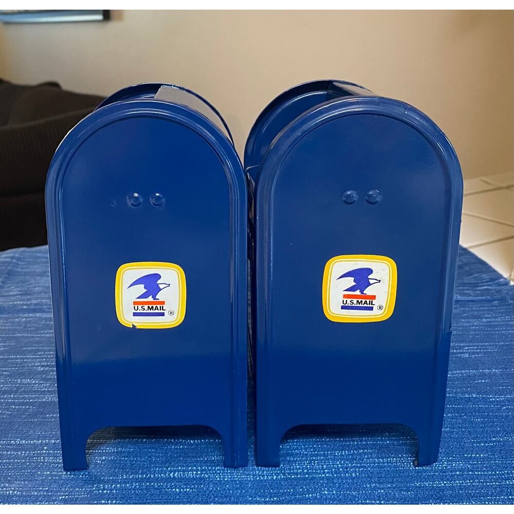 Pair Incomplete Vintage 8" US Mail Blue Metal Mailbox Coin Bank USPS - Picture 2 of 4